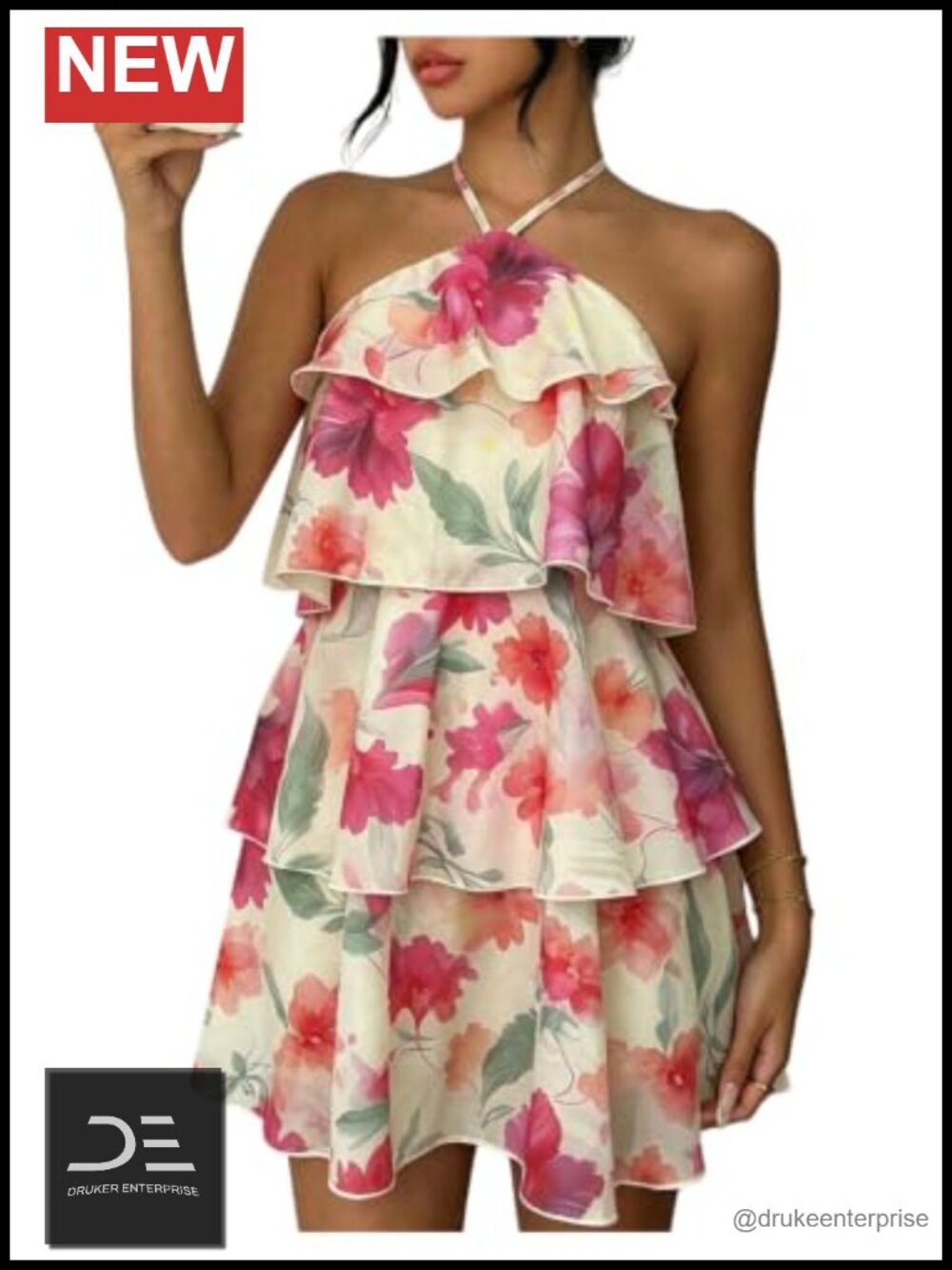 Floral Halter Mini Dress Tiered Ruffle A-Line Summer Beach Vacation